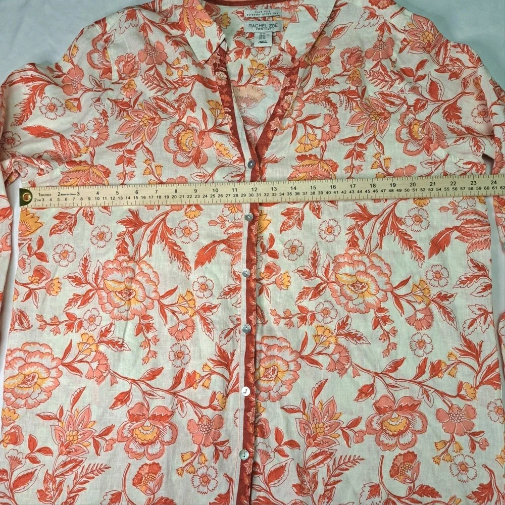 Rachel Zoe Floral Flax Linen Boho Button-Down XL Sustainable Resort Wear Coastal - Picture 4 of 7